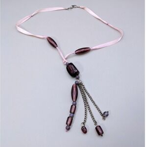 Pink Ribbon Negligee Necklace with Purple Dangling Beads